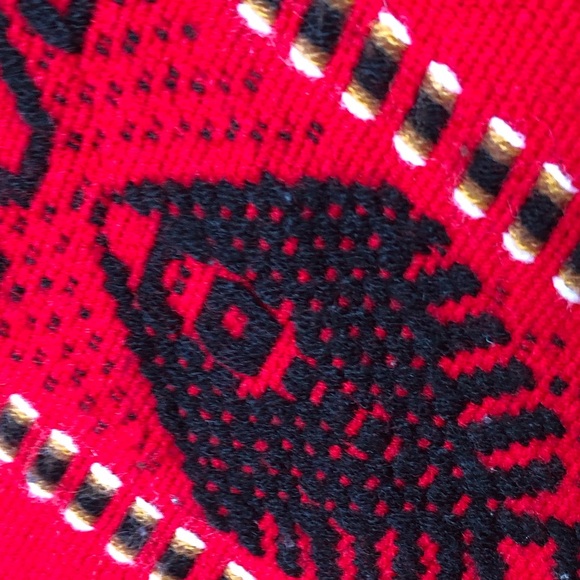 Hippie Poncho Shawl Red Fish Boho StripeGeo Knit Cape Blanket Vintage Fe… - Picture 10 of 12